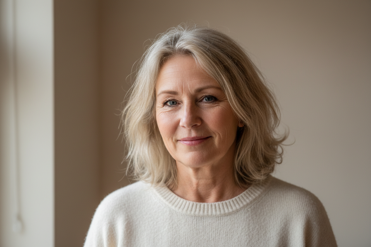 A mature Danish woman, around 60 years old (to avoid looking too young), friendly expression, short or shoulder-length blonde hair with visible grey highlights, light natural makeup, gentle facial lines, photographed in soft indoor lighting. Realistic customer review portrait, simple light background, no studio glamour.