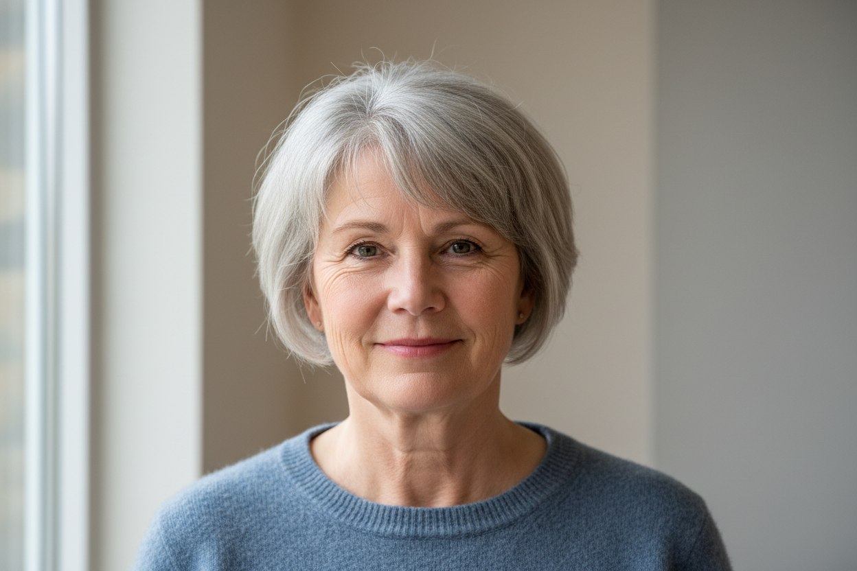 Anne-Marie Buhl, Holstebro (58 år)

“Dansk kvinne ca. 58 år, kort grått hår med litt volum, myke ansiktstrekk, lys hudtone. Vennlig uttrykk, smiler diskret. Realistisk kundeavatar i nøytralt innendørsmiljø, gjerne med beigefarget eller lysgrå bakgrunn. Ikke modell-look, ingen filter, kun naturlig og troverdig stil.”