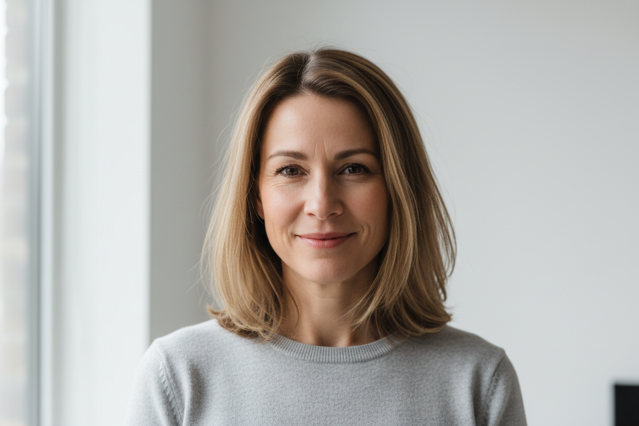 “Dansk kvinne rundt 47 år, kort eller skulderlangt mørkblondt hår, mildt smil. Realistisk portrettfoto som kundeavatar, ingen glam, ingen filter. Lyst innendørsmiljø, enkel bakgrunn, naturlig belysning.”