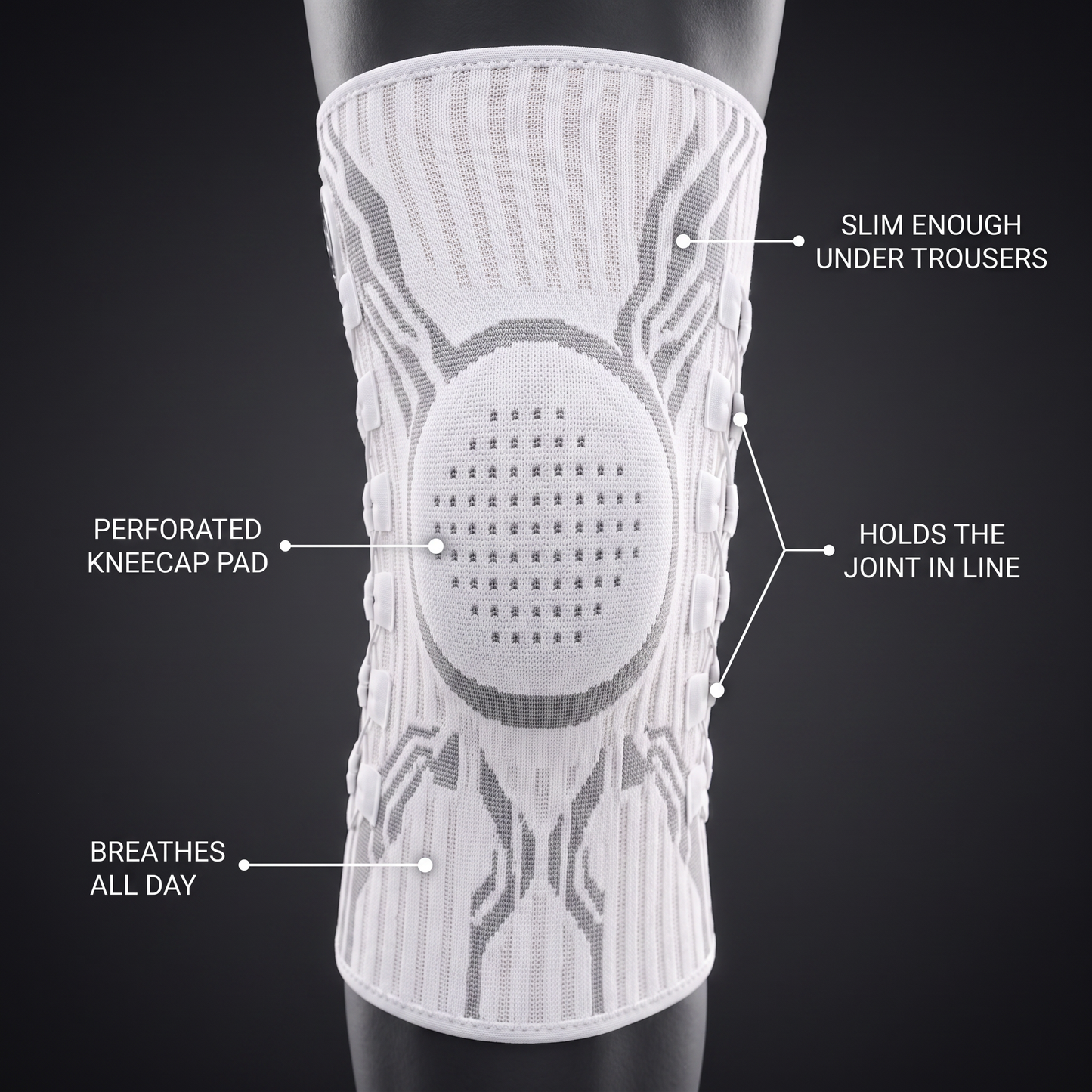 Kneova features: perforated kneecap pad, breathable knit