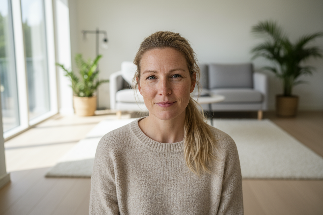 «Realistisk portrett av en dansk kvinne i begynnelsen av 30-årene, blondt hår i hestehale, rolig og naturlig stil. Tatt i et moderne, skandinavisk hjem. Ikke modell, men en vanlig kvinne.»