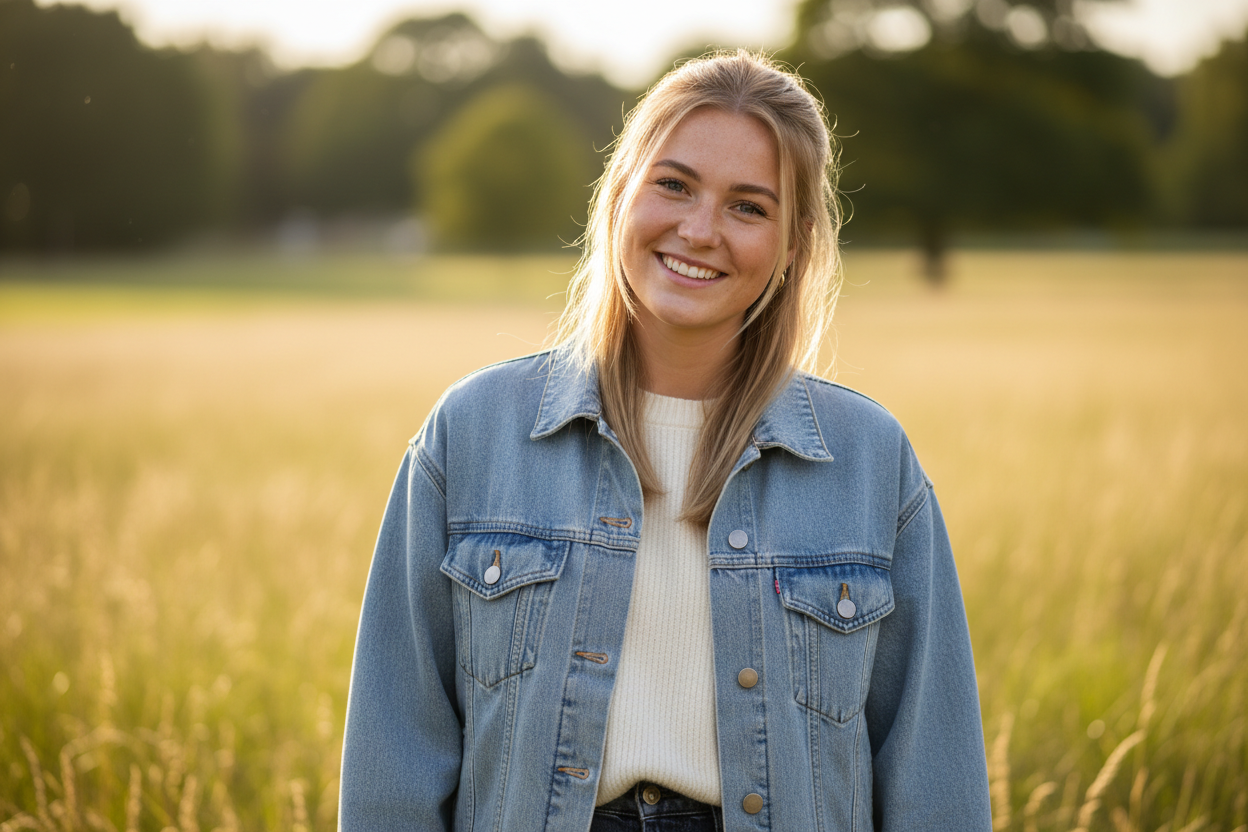 “Ung dansk kvinde i starten af 20’erne, frisk og naturligt look. Lyst eller mellemblondt hår, skandinavisk hudtone, let casual tøj. Lys baggrund eller udendørs miljø med blødt dagslys. Udtryk: venligt og ægte, ikke modelagtigt. Realistisk hudtekstur, ingen beautyfilter.”